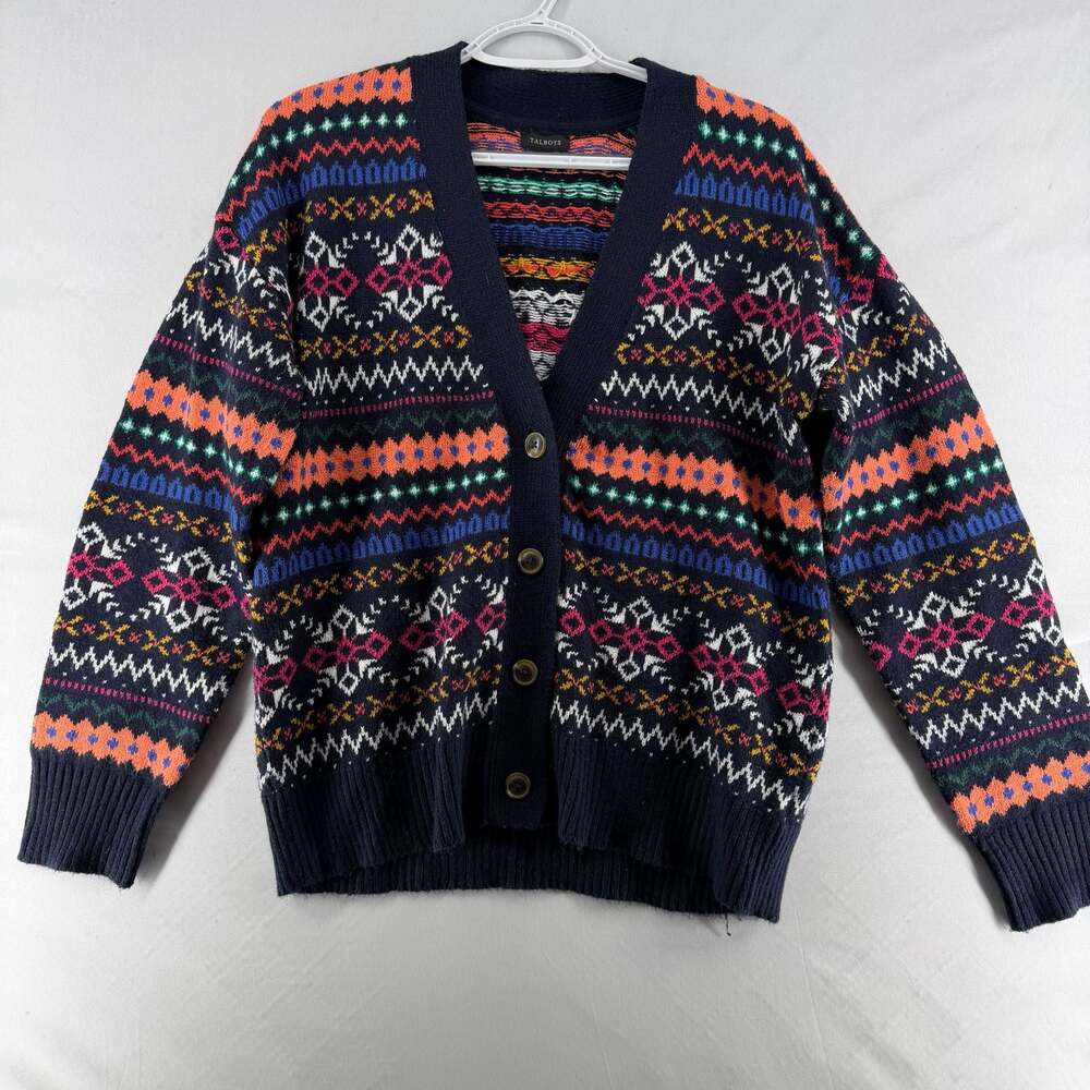 1396 M- Talbots Fair Isle Button Front Cardigan Sweater Navy Multicolor